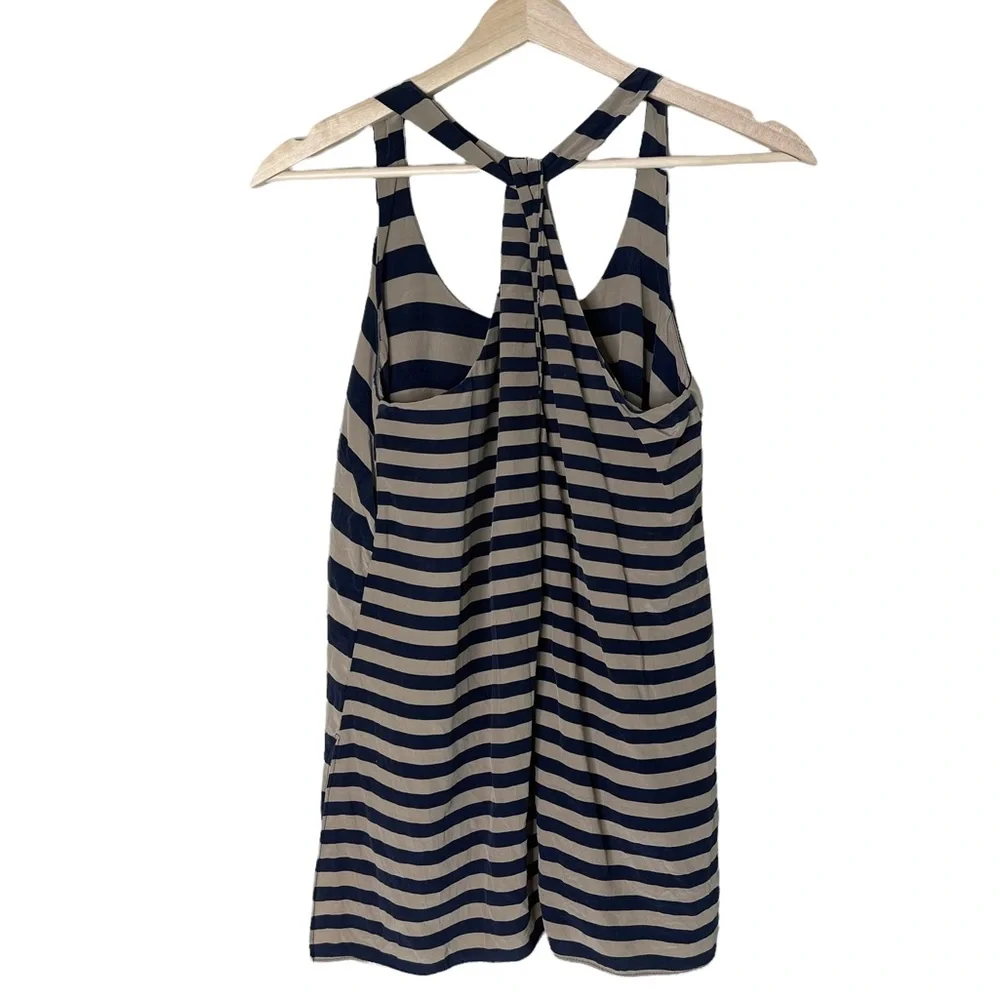 BCBG MAXAZRIA Edita Pure Silk Striped Navy and Tan Twisted Racer Back Tank Top